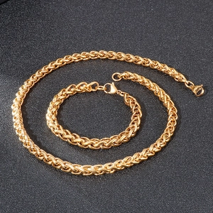 Hip hop style gold spiga chain necklace and bracelet set for men in stainless steel
