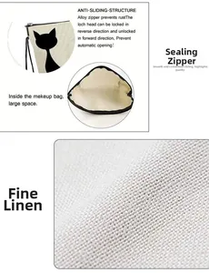 Détails d'une trousse à maquillage en lin avec chat, zip en alliage et intérieur spacieux