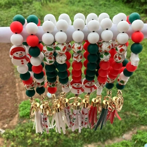 Christmas Silicone Bead Wristlet Keychain For Women Snowman Santa Claus Tassel Bracelet Holiday Party Gift Keychain Accessory