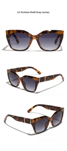 Detailed views of cat eye sunglasses featuring tortoiseshell frames and gray gradient lenses