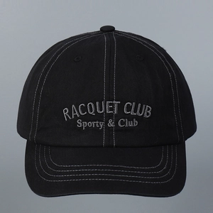 Detail of vintage black baseball cap with white contrast stitching and embroidery