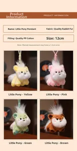 Detail of four 12cm plush pony keychains showing rabbit fur texture and PP cotton filling