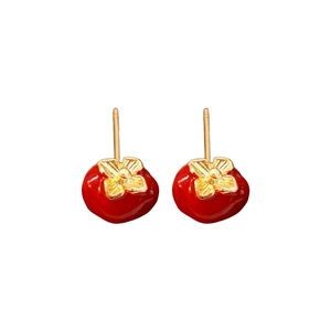 Vintage red apple-shaped stud earrings in gold and enamel with a minimalist design