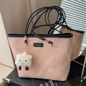 Pink faux suede large tote bag for women with black shoulder straps and cloud charm