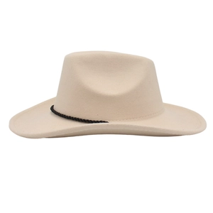 Close-up of wide brim cowboy hat with woven cord detail and classic fedora style crown