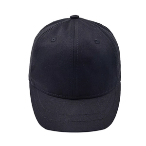 Front view of a minimalist black short brim baseball cap in classic six-panel design