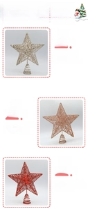 Detail view of glittered iron star Christmas tree toppers in gold, rose gold and red