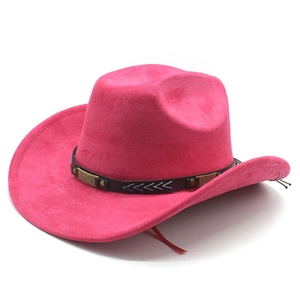Detail of rose pink faux suede cowboy hat with studded leather band and arrow embroidery