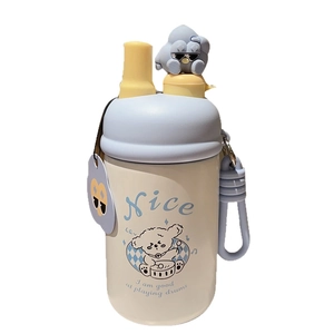 Cute cartoon stainless steel insulated straw cup with dog pattern and 3D doll ornament