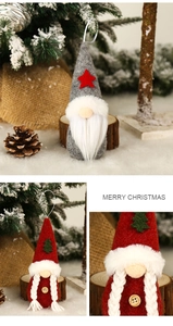 Detailed view of handmade knitted Christmas gnome ornaments with felt and wood button accents