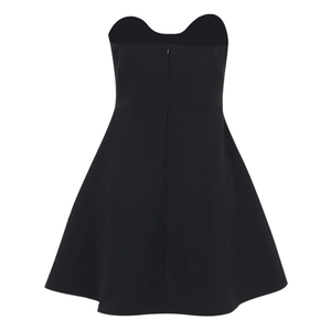 Detail view of black tube mini dress with back zipper and elegant A-line silhouette