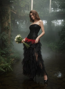 Detail of red feather waist accent and sequined bodice on black mesh evening gown