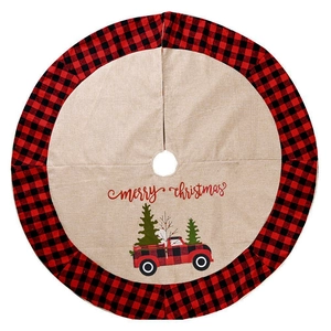 Rustic beige Christmas tree skirt with red buffalo plaid border and vintage truck design