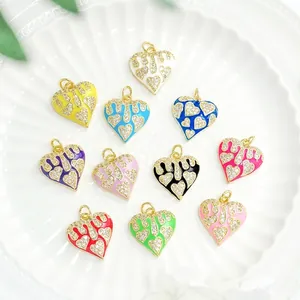 Colorful 18K gold plated heart charms set with zircon inlay and dripping oil finish