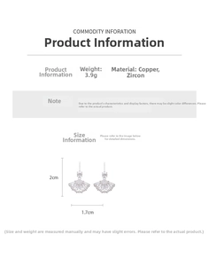 Detail view of fan-shaped silver zircon earrings with dimensions 2cm by 1.7cm