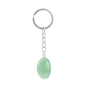 Macro detail of oval green natural agate stone keychain with silver metal chain on white