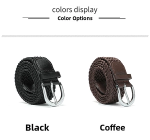 Detail of woven twist belts in black and coffee brown with silver metal pin buckles