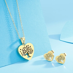 Detailed view of golden heart-shaped Tree of Life necklace and earrings jewelry set