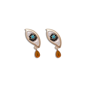 Vintage gold devil eye heart drop earrings with black crystals and blue center stone