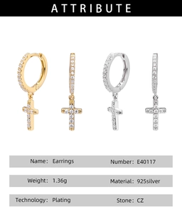 Detailed product specifications for S925 sterling silver cross earrings with CZ stones