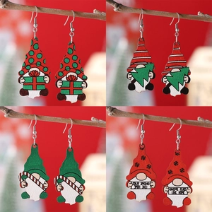 Christmas Gnome Wooden Drop Earrings For Women Cute Dwarf Cartoon Dangle Jewelry With Stainless Steel Hook Holiday Gift