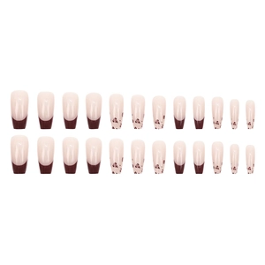 French tip long coffin press-on nails with amber leopard patterns and nude pink base
