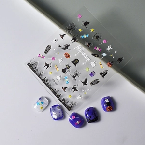 Halloween 3D embossed nail stickers featuring ghosts, pumpkins, and black cat designs