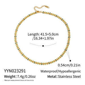 Detailed view of 18K gold plated leaf necklace showing dimensions and material info