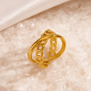 18K gold plated stainless steel X-cross adjustable ring with chain texture design