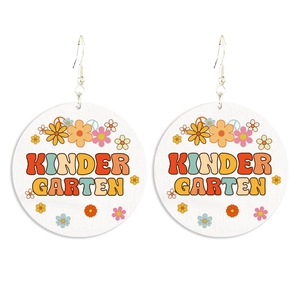 Detail of wooden kindergarten earrings with vintage floral and peace sign prints