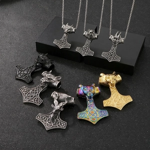 Viking Mjolnir Pendant Necklace Stainless Steel Wolf Lion Head Thor Hammer Vintage Nordic Punk Jewelry For Men