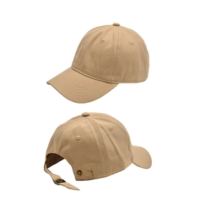 Front and back view of khaki cotton baseball cap with adjustable metal buckle