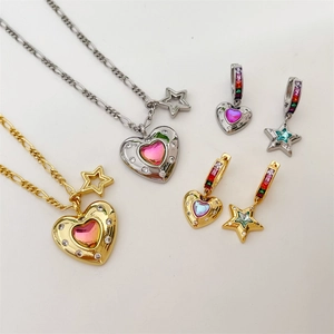 Summer asymmetric star and heart earrings set with colorful zircon pavé in gold and silver