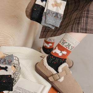 Close-up of vintage wool socks with cute dog pattern and warm fleece mule shoes