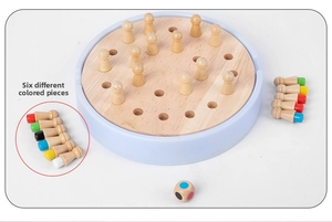 Detailed view of wooden memory game set featuring six different colored game pieces