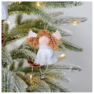 Detail of angel plush ornament with pink laser wings, white fringe skirt and silver bell