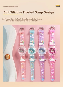 Detail of soft silicone matte straps with colorful 3D unicorn and rainbow designs