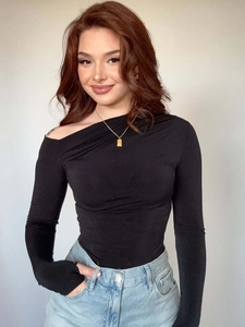 Slim fit black off-shoulder long sleeve top for women with elegant asymmetrical neckline
