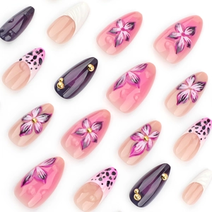 3D floral almond press-on nails with purple mirror finish and leopard french tips