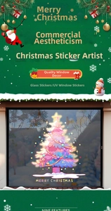 Detailed view of pink anime Christmas tree static window sticker with Merry Christmas text