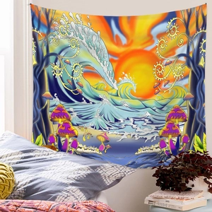 Psychedelic mushroom and wave tapestry used as a vibrant wall hanging for bedroom decor