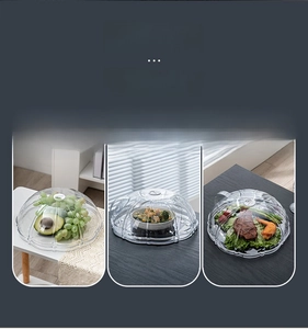 Detail view of versatile transparent microwave food covers with ribbed texture and top handles