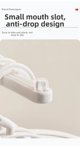 Close-up of a white plastic clothes hanger featuring an anti-slip notch design