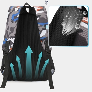 Detail of breathable honeycomb mesh back panel and ergonomic straps on camouflage backpack