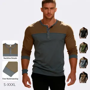 Men Color Block Long Sleeve Henley Shirt Polyester Spandex Patchwork Retro Button Placket Casual Round Neck Tee