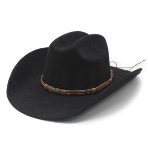 Classic black suede western cowboy hat with brown braided band and bronze skull ornament