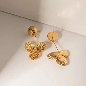 18k gold plated stainless steel earrings with hemispheric studs and triple petal flower pendant