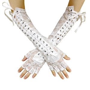 Elegant white lace fingerless gloves with punk style ribbon lacing and forearm length detail