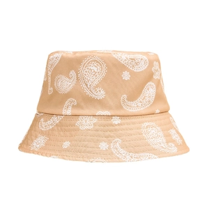 Reversible khaki paisley bucket hat with white pattern and durable cotton stitching
