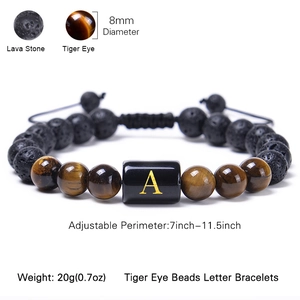 Bracelet ajustable en œil de tigre et pierre de lave 8mm avec lettre A pour hommes et femmes